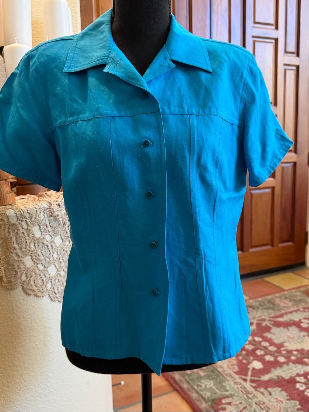 Classiques Entier Short-Sleeve Button-Down Top in Teal Blue